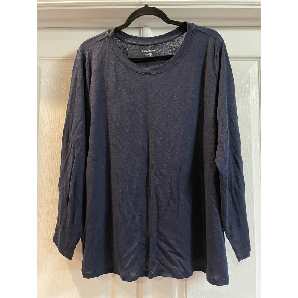 Eileen Fisher Shirt Womens 1X Blue Linen Crew Neck Long Sleeve Jersey Top
